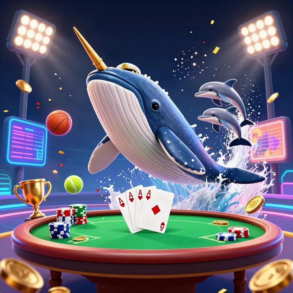 Whale captain, narwhal, dolphins, coins, sports balls, trophy, felt poker table, neon casino splash art