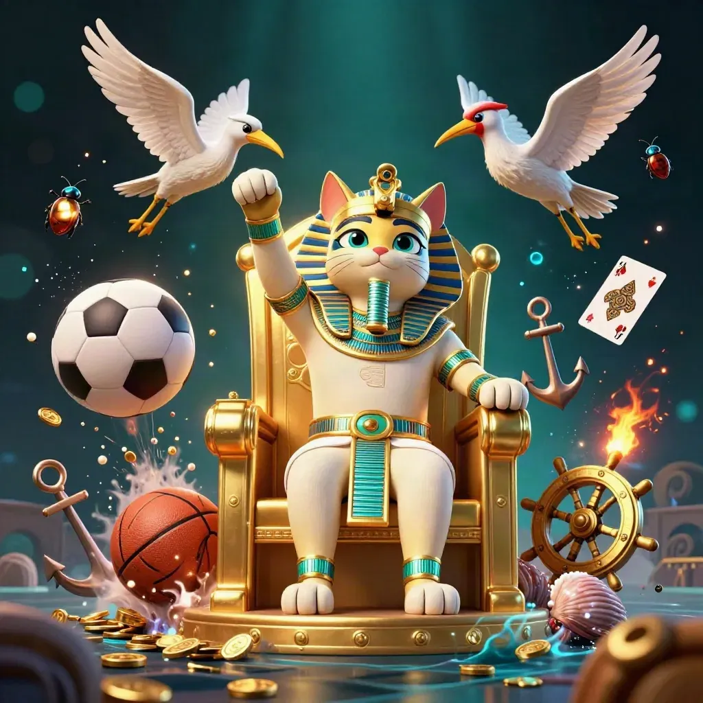 Pharaoh cat, ibis scribe, and gem-wing scarabs amid coins, cards, and sports balls in a glowing treasure cove.