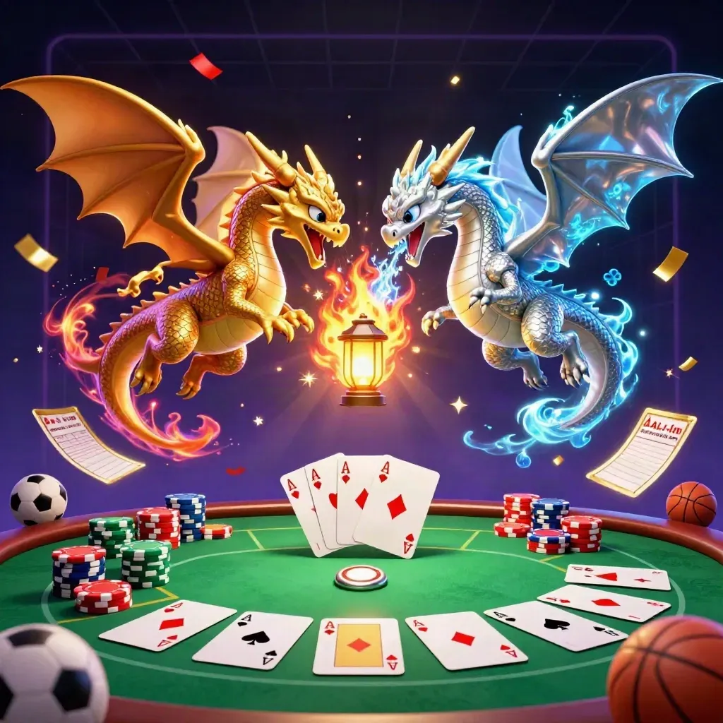 Twin dragons yin-yang over a poker table with chips, cards, and neon casino energy.