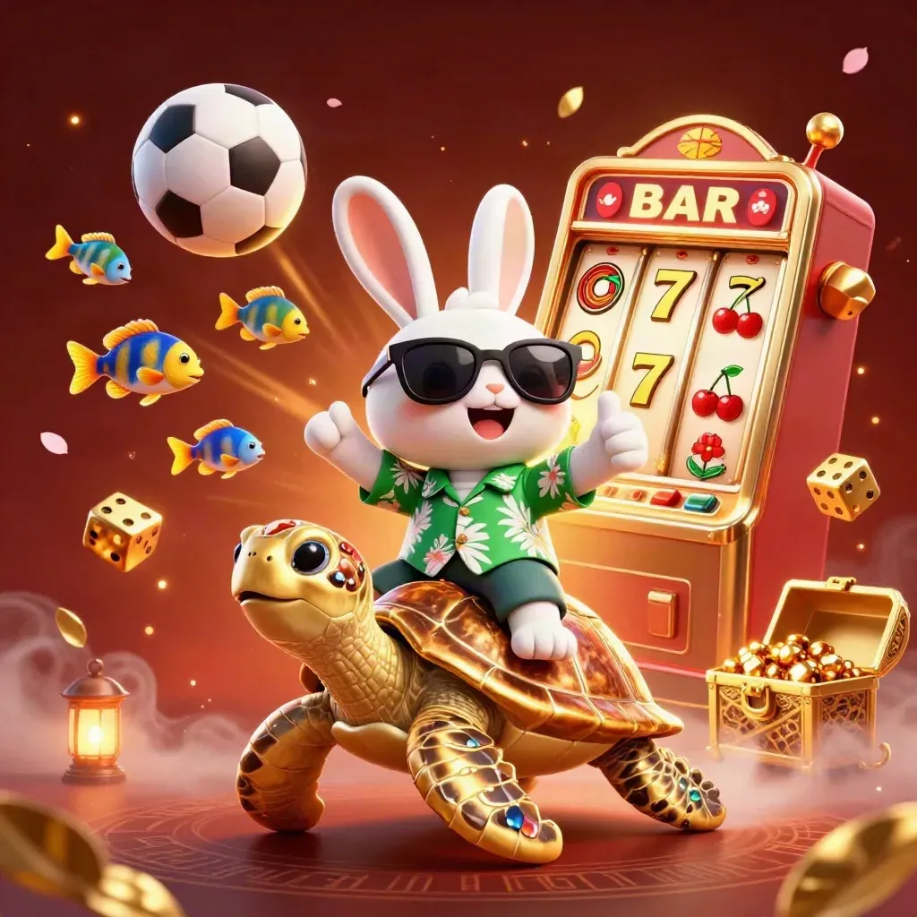 Lucky rabbit on golden turtle with casino bursts, fish, dice, and glowing sports props