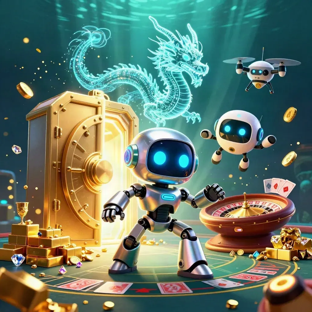 Robot, holographic dragon, and coin drone amid vault gold, gems, teal light, and casino glow.
