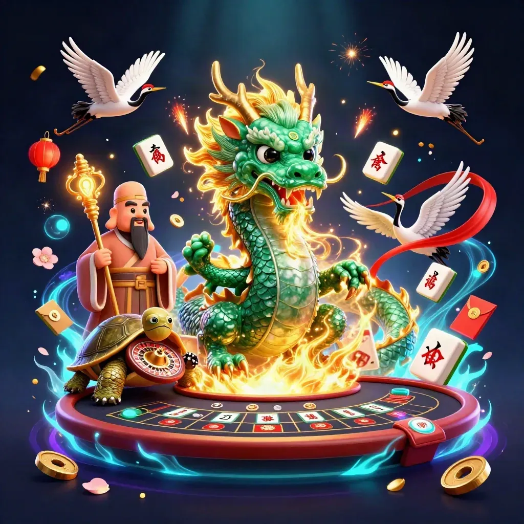 Emerald dragon, turtle sage, and cranes amid casino magic and glowing game elements