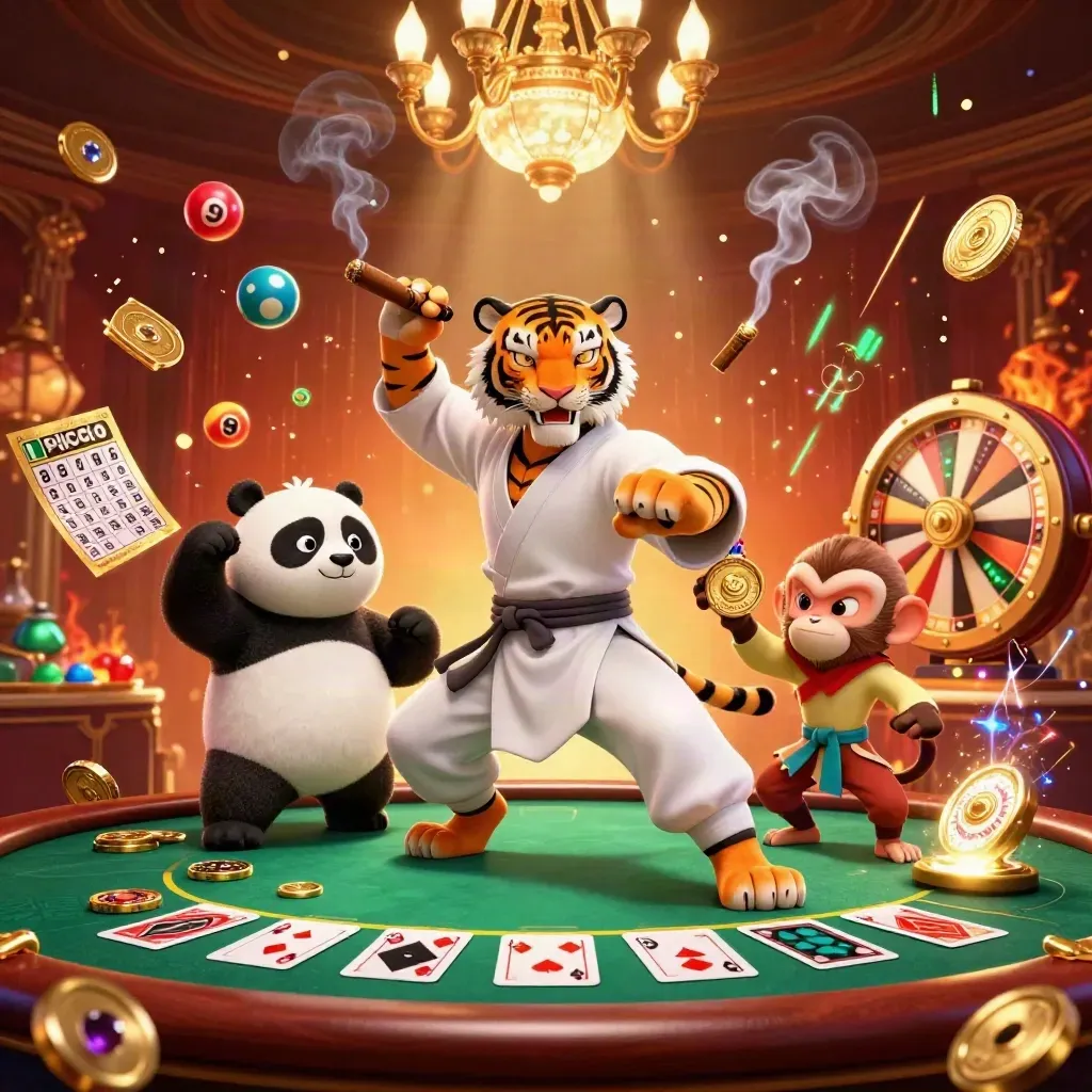 Tiger, panda, and monkey in a luxe casino room with glowing game elements and gold light.