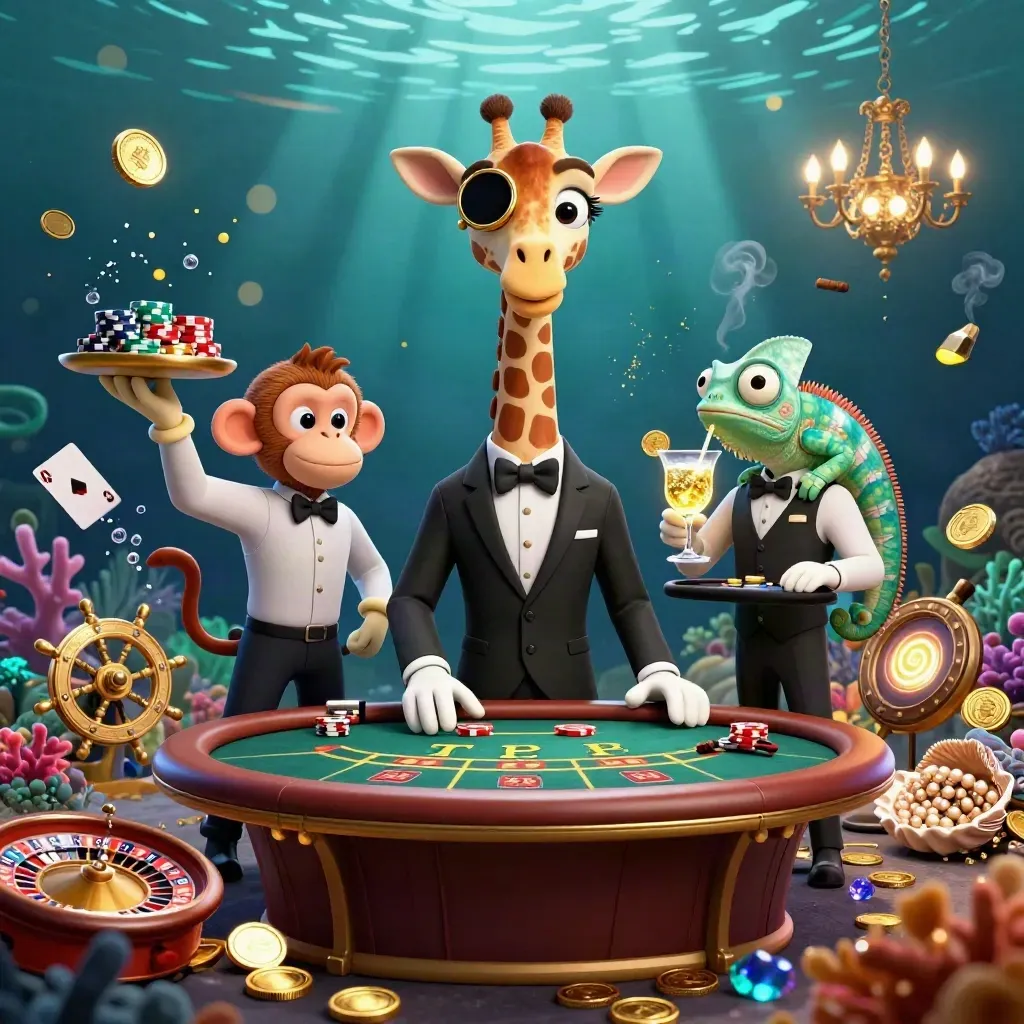Giraffe, monkey valet and chameleon bartender in an underwater gold-lit casino with coral, coins and rays.
