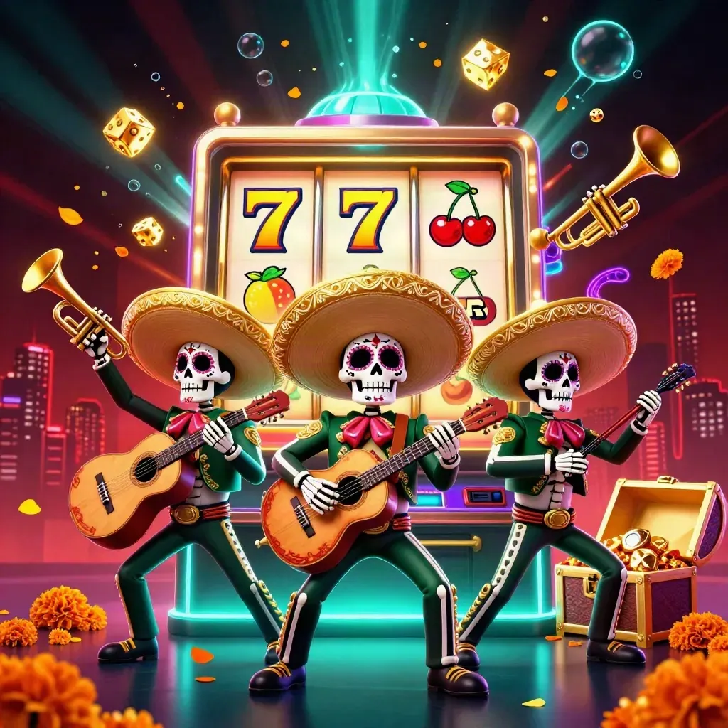 Day-of-the-Dead mariachi skeleton trio amid bursting slot machine, gold dice, treasure, and neon glow.