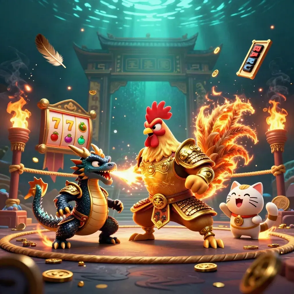 Rooster warrior, dragon hatchling, and fortune cat in a glowing casino battle scene.