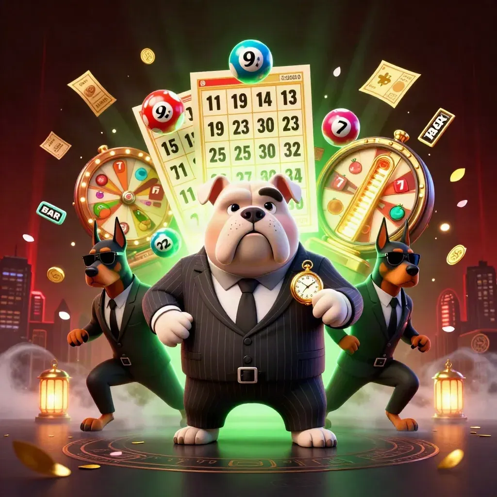 Bulldog boss and two Dobermans amid flying casino props, emerald-green glow, and city lights.
