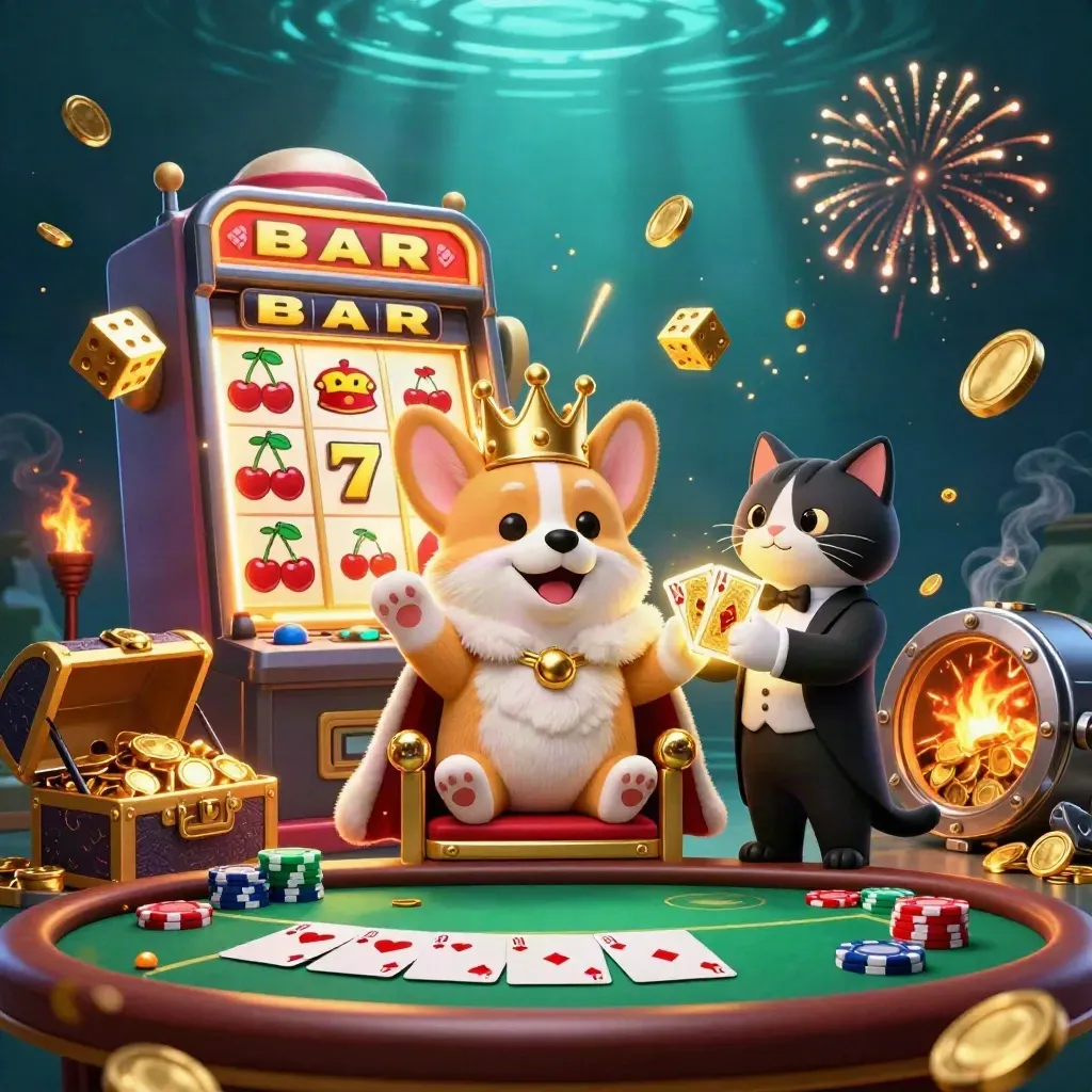 Royal corgi king and cat butler amid slot machine jackpots, gold coins, and fireworks.