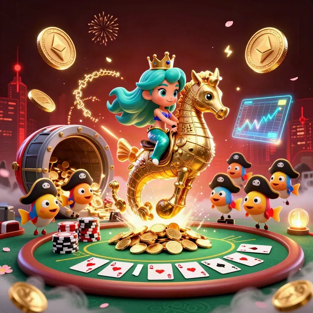 Mermaid princess on armored seahorse amid poker chips, gold coins, fireworks and neon casino effects