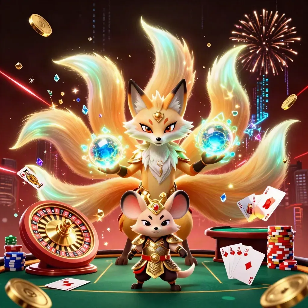 Neon fox spirit and armored mouse amid coins, chips, cards, roulette wheel, and fireworks.