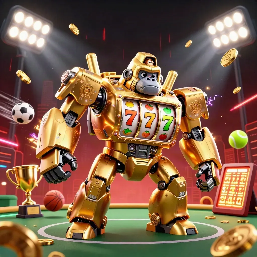 Golden gorilla slot-mech with tiny monkey pilot, sports balls, coins, and trophy in dark casino glow.