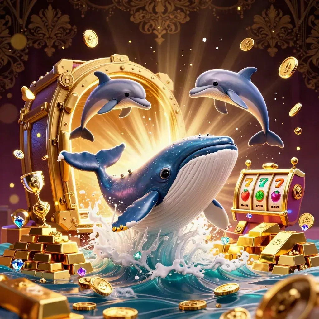 Whale captain, narwhal, and dolphins burst through coins with gold vault glow and casino symbols.