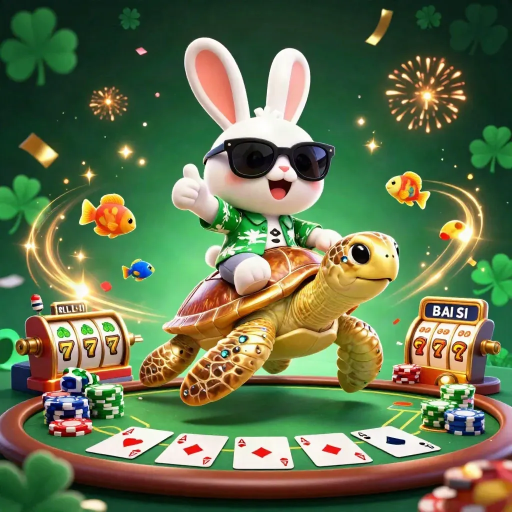 Rabbit in sunglasses rides a golden turtle amid poker chips, cards, reels, confetti, and fireworks.