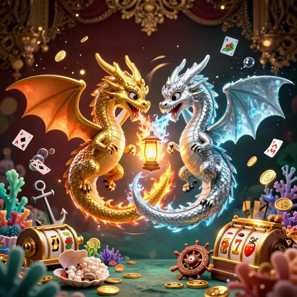 Gold and silver twin dragons spiral over treasure, coral, reels, coins, and glowing casino lights.